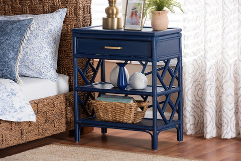 bali & pari Daina Natural Rattan Nightstand with Drawer and Open Shelves- Coastal Bedside Table with Geometric Design, Blue