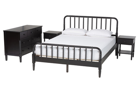 Baxton Studio Braith Farmhouse Black Spindle Wood King Size 4-Piece Bedroom Set with Two Nightstands