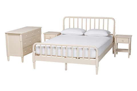 Baxton Studio Braith Farmhouse Ivory Spindle Wood King Size 4-Piece Bedroom Set with Two Nightstands