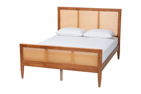 Baxton Studio Walthard Mid-Century Light Walnut King Platform Bed with Woven Rattan