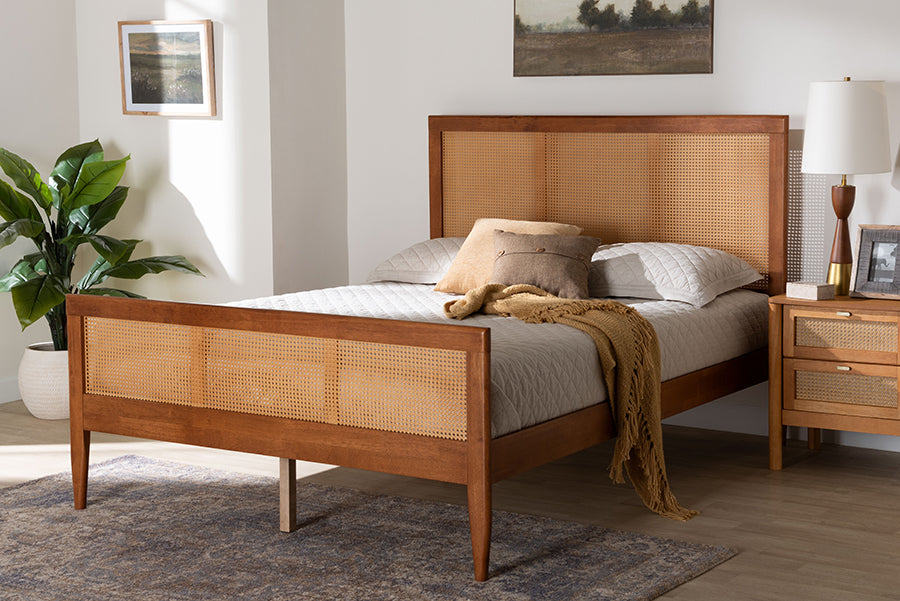 Baxton Studio Walthard Mid-Century Light Walnut Queen Platform Bed with Woven Rattan