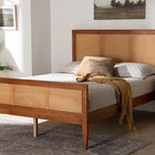 Baxton Studio Walthard Mid-Century Light Walnut King Platform Bed with Woven Rattan