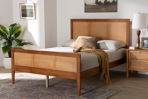 Baxton Studio Walthard Mid-Century Light Walnut Queen Platform Bed with Woven Rattan