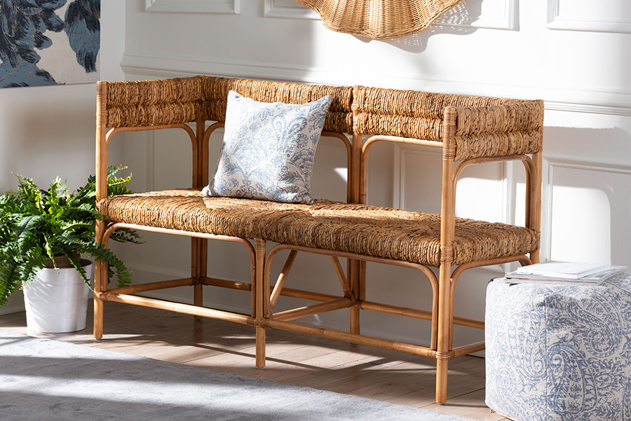 bali & pari Adisa Natural Rattan Bench - Handcrafted Banquette with Woven Seagrass Seat and Back, Coastal Boho Accent Seating for Entryway, Dining or Living Room
