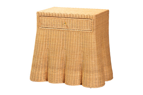 bali & pari Chica Scalloped Natural Rattan Console Table with Drawer - Handwoven Wicker Accent Table with Flared Skirt, Coastal Boho Style for Entryway or Living Room, Rectangle