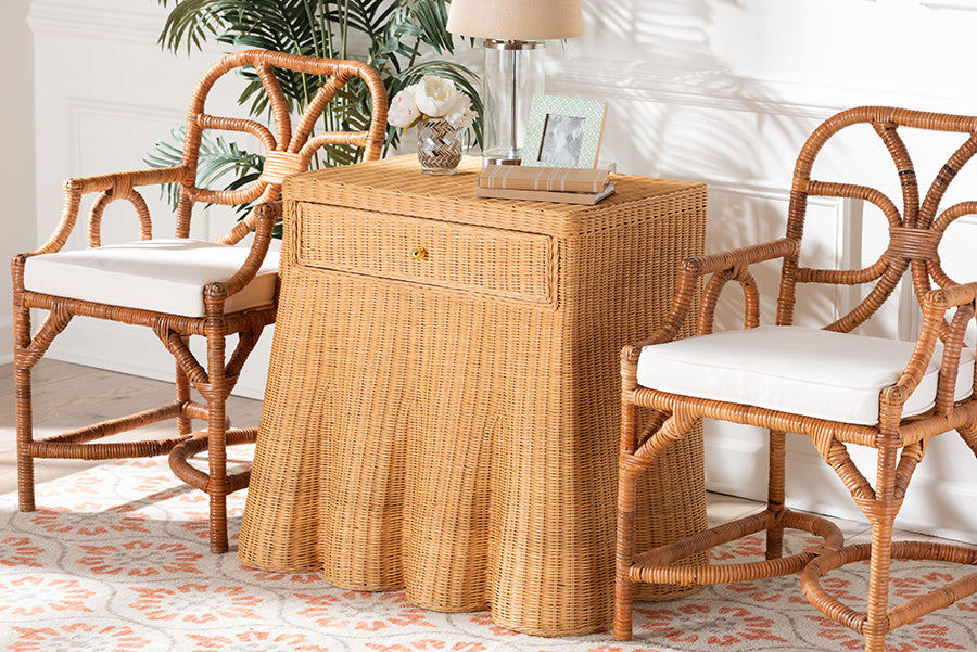 bali & pari Chica Scalloped Natural Rattan Console Table with Drawer - Handwoven Wicker Accent Table with Flared Skirt, Coastal Boho Style for Entryway or Living Room, Rectangle