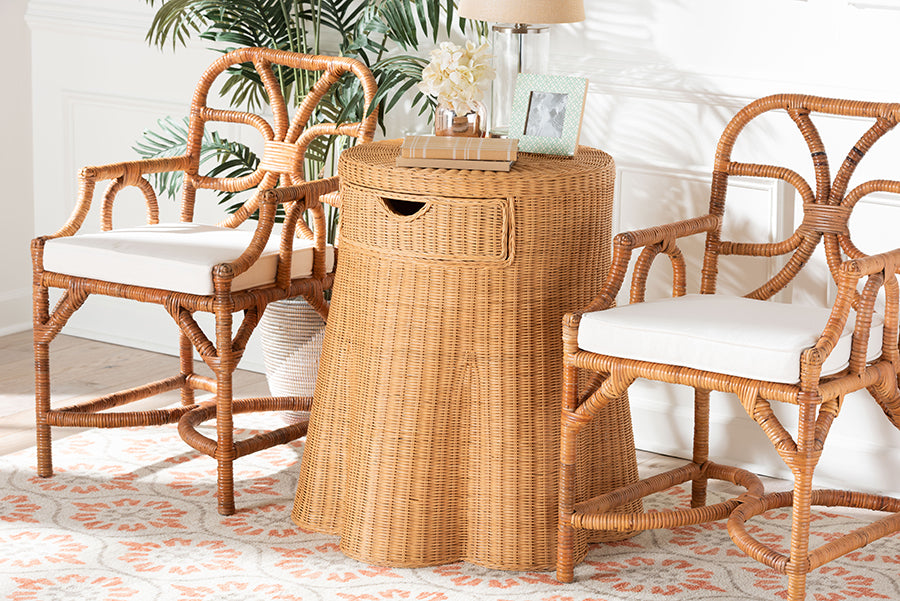 bali & pari Dayo Scalloped Natural Rattan Console Table with Drawer - Handwoven Wicker Accent Table with Flared Skirt, Coastal Boho Style for Entryway or Living Room, Round