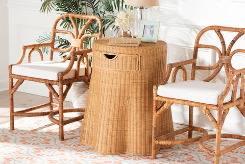 bali & pari Dayo Scalloped Natural Rattan Console Table with Drawer - Handwoven Wicker Accent Table with Flared Skirt, Coastal Boho Style for Entryway or Living Room, Round