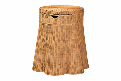 bali & pari Dayo Scalloped Natural Rattan Console Table with Drawer - Handwoven Wicker Accent Table with Flared Skirt, Coastal Boho Style for Entryway or Living Room, Round