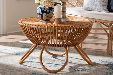 bali & pari Abel Natural Rattan Coffee Table with Splayed Legs - Handcrafted Boho Accent Table, Light Honey