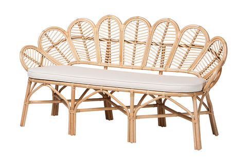 bali & pari Eliava Natural Rattan Accent Bench with Removable Cushion - Coastal Boho Style Loveseat with Scalloped Fan Back Design for Indoor Living Room or Sunroom Seating