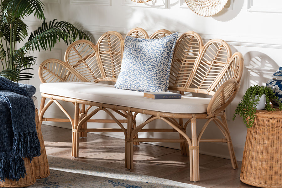 bali & pari Eliava Natural Rattan Accent Bench with Removable Cushion - Coastal Boho Style Loveseat with Scalloped Fan Back Design for Indoor Living Room or Sunroom Seating
