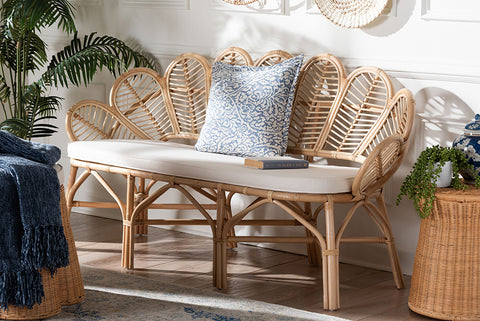 bali & pari Eliava Natural Rattan Accent Bench with Removable Cushion - Coastal Boho Style Loveseat with Scalloped Fan Back Design for Indoor Living Room or Sunroom Seating