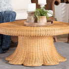 bali & pari Avalon Natural Rattan Round Coffee Table with Scalloped Pedestal Base – Coastal Boho Wicker Accent Table for Living Room or Sunroom