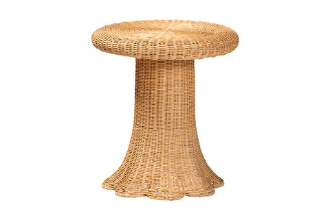 bali & pari Avalon Scallop Natural Rattan Pedestal Side Table - Round Handwoven Wicker Accent Table with Skirted Base, Boho Coastal Style Furniture for Living Room, Hallway or Sunroom