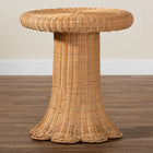 bali & pari Avalon Scallop Natural Rattan Pedestal Side Table - Round Handwoven Wicker Accent Table with Skirted Base, Boho Coastal Style Furniture for Living Room, Hallway or Sunroom