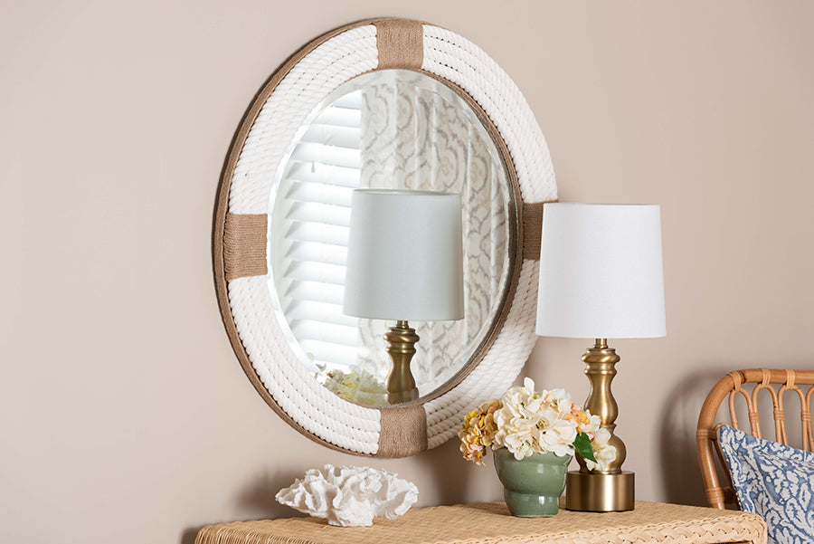 bali & pari Makya Round  Woven Rope Mirror - Coastal Mirror with White Fabric and Woven Jute Accents for Farmhouse, Boho Wall Decor, Beach House