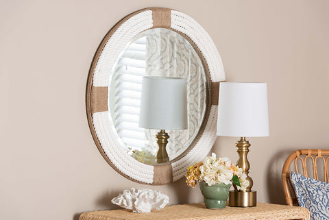 bali & pari Makya Round  Woven Rope Mirror - Coastal Mirror with White Fabric and Woven Jute Accents for Farmhouse, Boho Wall Decor, Beach House