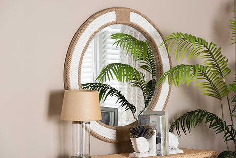 bali & pari Adita Round Woven Rope Mirror - Coastal Mirror with White Fabric and Woven Jute Accents for Farmhouse, Boho Wall Decor, Beach House