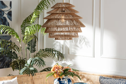 bali & pari Kaede Handwoven Jute Pendant Lampshade -  Coastal Boho Ceiling Light Cover with Tiered Design