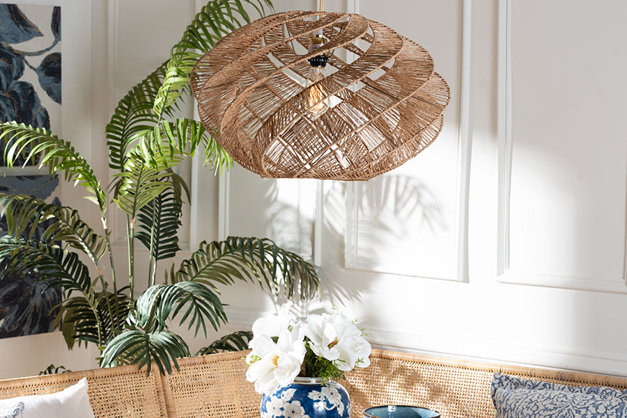 bali & pari Enola Handwoven Jute Pendant Lampshade - Boho Chic Ceiling Light Cover with Twisted Spiral Design