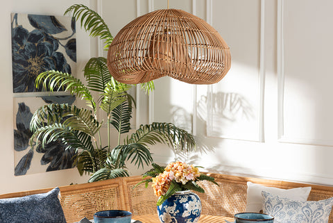 bali & pari Hansa Natural Rattan Pendant Lampshade - Handcrafted Dome-Shape Ceiling Light Cover, Coastal Boho Décor