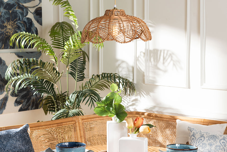 bali & pari Neorah Natural Rattan Pendant Lampshade - Coastal Boho Ceiling Light Cover with Handcrafted Petal Shape