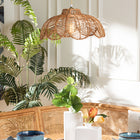bali & pari Neorah Natural Rattan Pendant Lampshade - Coastal Boho Ceiling Light Cover with Handcrafted Petal Shape