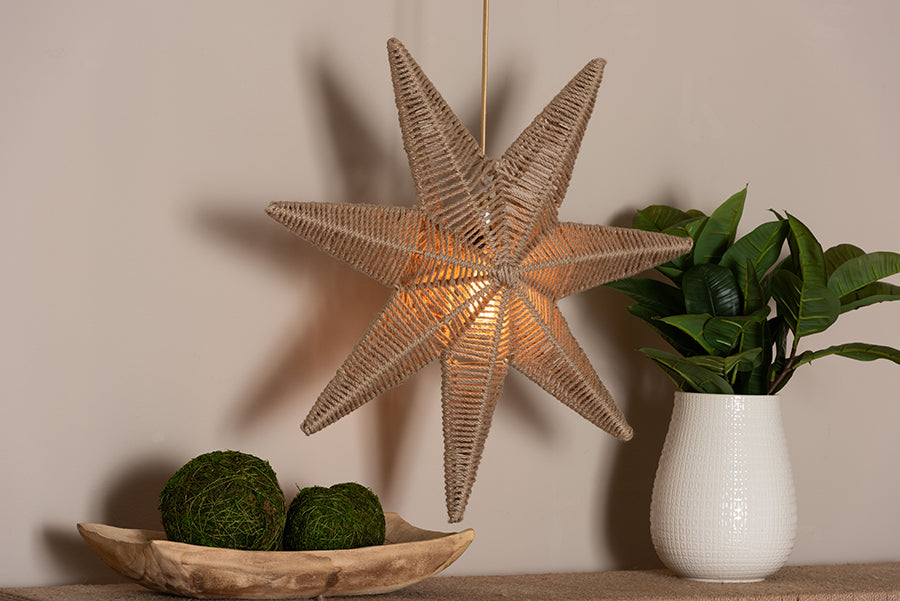 bali & pari Idriya Handwoven Jute Pendant Lampshade - Star-Shaped Natural Fiber Light Cover, Coastal Boho Lighting Decor
