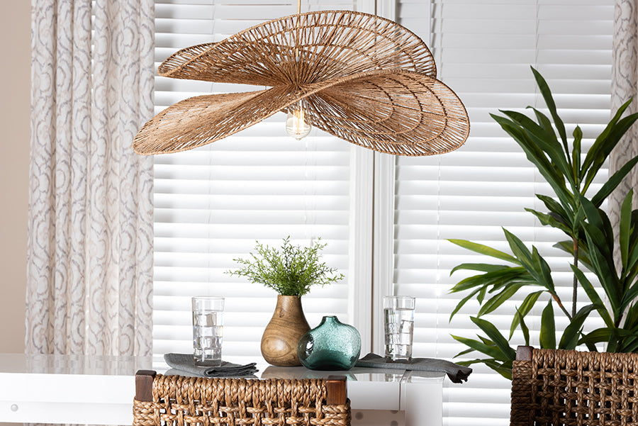 bali & pari Theanna Woven Jute Pendant Lampshade - Handwoven Boho Floral Light Accessory, Natural Wicker Ceiling Shade