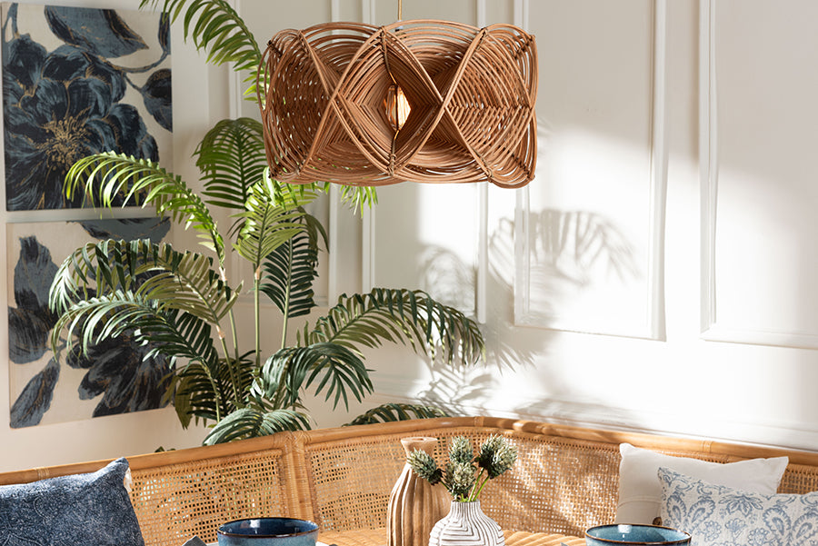bali & pari Jeneth Natural Rattan Pendant Lampshade - Coastal Boho Ceiling Light Cover with Handcrafted Geometric Design