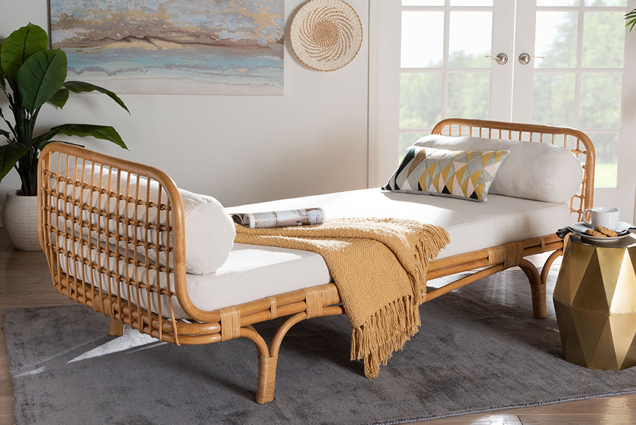 bali & pari Aiko Handwoven Natural Rattan Daybed with Cushion - Boho Coastal Lounge Bed for Living Room, Bedroom, or Sunroom