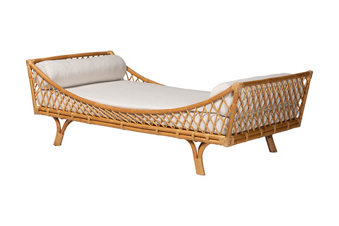 bali & pari Akemi Handwoven Natural Rattan Daybed with Cushion - Boho Coastal Lounge Bed for Living Room, Bedroom, or Sunroom