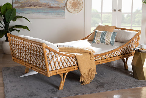 bali & pari Akemi Handwoven Natural Rattan Daybed with Cushion - Boho Coastal Lounge Bed for Living Room, Bedroom, or Sunroom