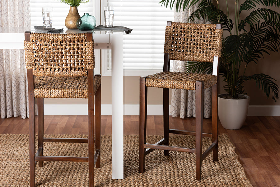 bali & pari Alise Handwoven Seagrass Bar Stool with Mahogany Wood Frame - Bar-Height Chair with Woven Back and Seat for Kitchen Island or Home Bar, Earthy Brown