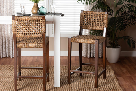 bali & pari Alise Handwoven Seagrass Bar Stool with Mahogany Wood Frame - Bar-Height Chair with Woven Back and Seat for Kitchen Island or Home Bar, Earthy Brown