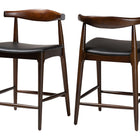 Baxton Studio Eira Counter Stool Set of 2- Walnut Wood Frame Counter-height Chair with Curved Backrest and Black Faux Leather Seat, Mid-Century Modern Kitchen Island Seating