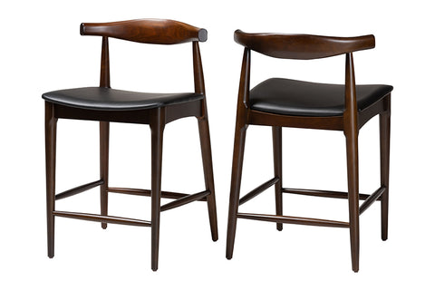 Baxton Studio Eira Counter Stool Set of 2- Walnut Wood Frame Counter-height Chair with Curved Backrest and Black Faux Leather Seat, Mid-Century Modern Kitchen Island Seating