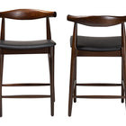 Baxton Studio Eira Counter Stool Set of 2- Walnut Wood Frame Counter-height Chair with Curved Backrest and Black Faux Leather Seat, Mid-Century Modern Kitchen Island Seating