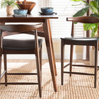 Baxton Studio Eira Counter Stool Set of 2- Walnut Wood Frame Counter-height Chair with Curved Backrest and Black Faux Leather Seat, Mid-Century Modern Kitchen Island Seating