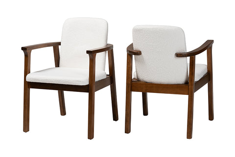 Baxton Studio Miyagi Boucle Upholstered Dining Chair Set of 2- Mid-Century Modern Armchair with Solid Wood Frame and Rounded Backrest, Walnut Brown and White