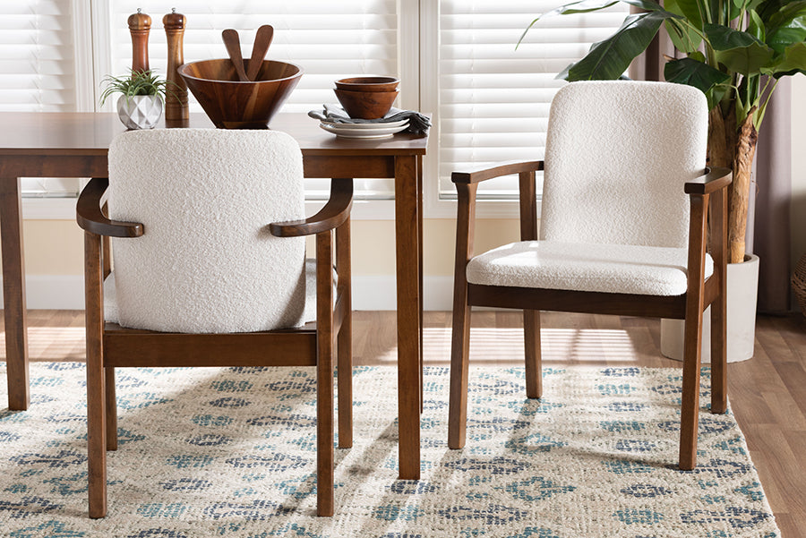 Baxton Studio Miyagi Boucle Upholstered Dining Chair Set of 2- Mid-Century Modern Armchair with Solid Wood Frame and Rounded Backrest, Walnut Brown and White