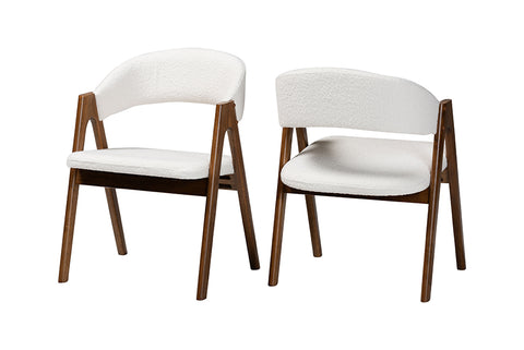 Baxton Studio Virden Boucle Upholstered Dining Chair Set of 2- Mid-Century Modern Armchair with Solid Wood Frame and Curved Open-Back Design, Walnut Brown and White