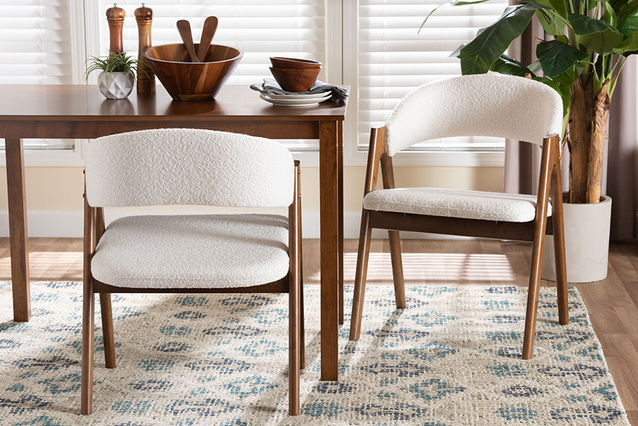 Baxton Studio Virden Boucle Upholstered Dining Chair Set of 2- Mid-Century Modern Armchair with Solid Wood Frame and Curved Open-Back Design, Walnut Brown and White