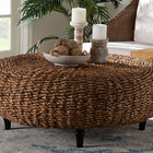 bali & pari Riau Handwoven Seagrass Coffee Table with Wooden Legs - Natural Wicker Round Living Room Table for Living Room or Bedroom Décor