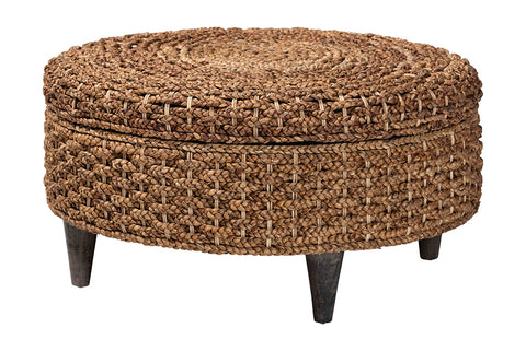 bali & pari Bailey Handwoven Seagrass Storage Ottoman with Lift-Top Lid - Rustic Wicker Trunk or Footrest with Inner Compartment for Living Room or Entryway, Round