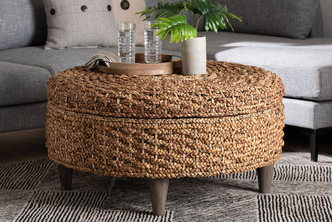 bali & pari Bailey Handwoven Seagrass Storage Ottoman with Lift-Top Lid - Rustic Wicker Trunk or Footrest with Inner Compartment for Living Room or Entryway, Round
