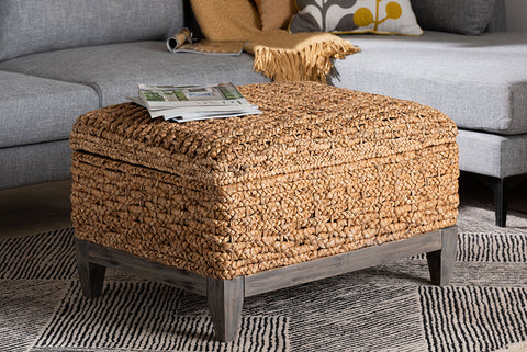 bali & pari Bailey Handwoven Seagrass Storage Ottoman with Lift-Top Lid - Rustic Wicker Trunk or Footrest with Inner Compartment for Living Room or Entryway, Square