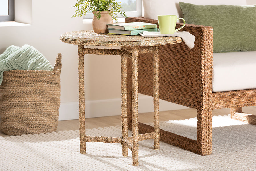 bali & pari Fumito Handwoven Seagrass End Table - Round Boho Side Table with Wrapped Frame, Handmade Coastal Décor for Living Room or Sun Room