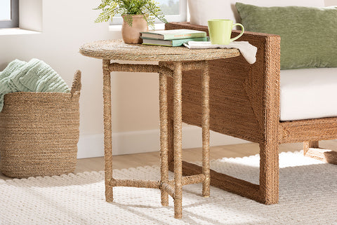 bali & pari Fumito Handwoven Seagrass End Table - Round Boho Side Table with Wrapped Frame, Handmade Coastal Décor for Living Room or Sun Room